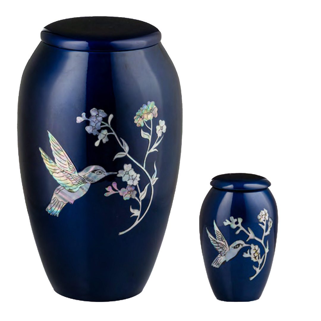 Blue Mother of Pearl Hummingbird Remembrance Urn