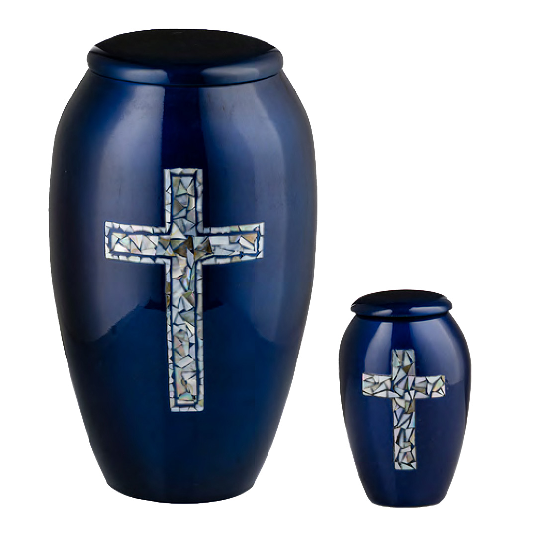Blue Mother of Pearl Cross Remembrance Urn