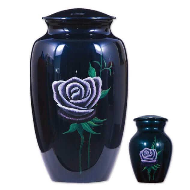 Blue Metal Urn with Hand Painted Rose
