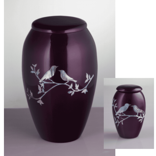 Purple Keepsake Urn with Mother of Pearl Birds on a Branch